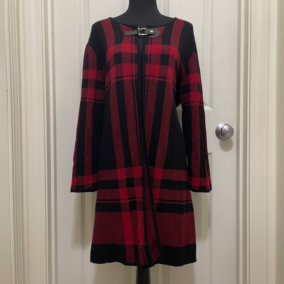 Anne Klein Plaid Knit Cardigan Sweater Red & Black 3/4 Sleeve Duster Women's 2X - Picture 1 of 9